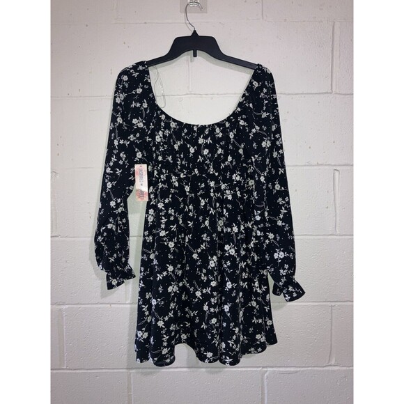Inspired Hearts Women's Mini Dress Black & White Floral, Long Sleeves, Ruffled L - Picture 3 of 12